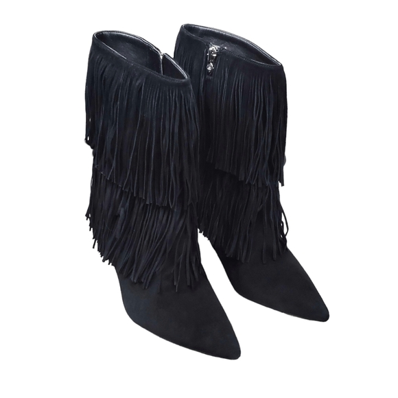 Sam Edelman Womens Black Fringe Suede Leather Heel Boots Shoe Size 8 - Picture 1 of 11